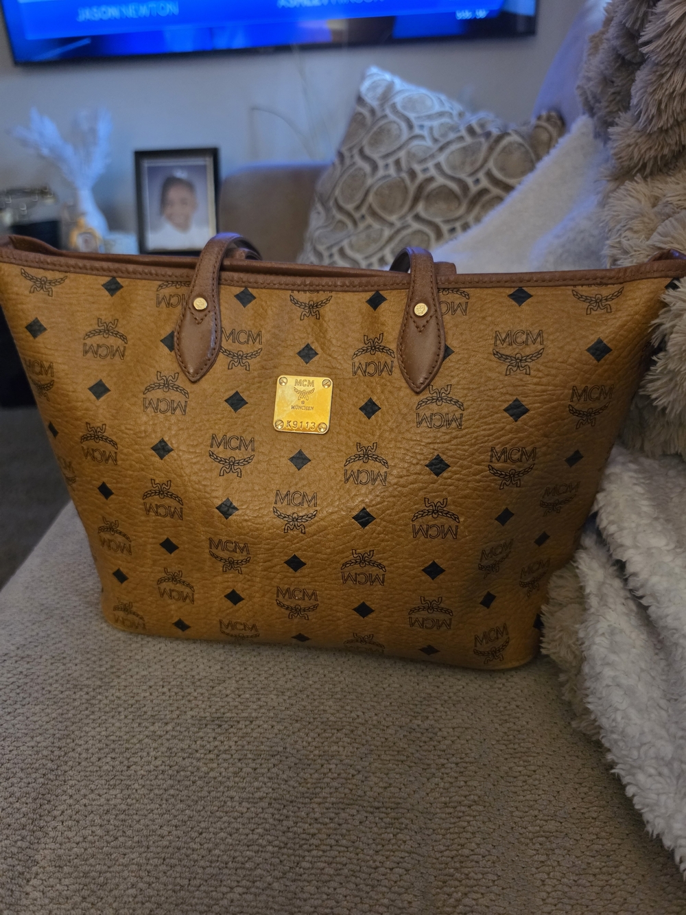 MCM Cognac Visetos Logo Tote with Gold Plaque